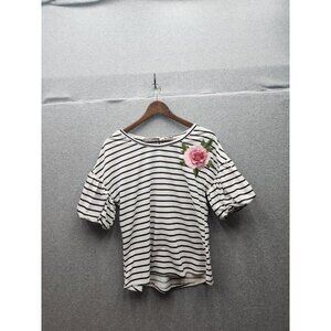 Fyve Womens Striped Top With Floral Embroidery Short Puff Sleeves Relaxed Fit S